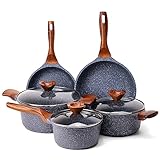 Moustache - Pentle and pans battery 【8 PIECES】 A aluminum induction with non -stick, set of 3 saucepan Ø 18/20/24 cm, 3 lids and 2 pan Ø 20/24 cm, handles in bakelite (Amalfi)