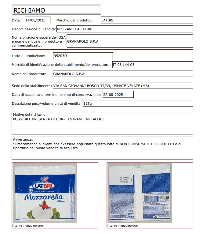 recall Mozzarella Latbri