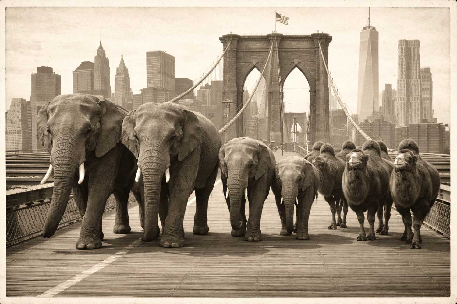 When 21 elephants, 10 dromedaries and 7 camels crossed the Brooklyn Bridge: the true story of the extreme test