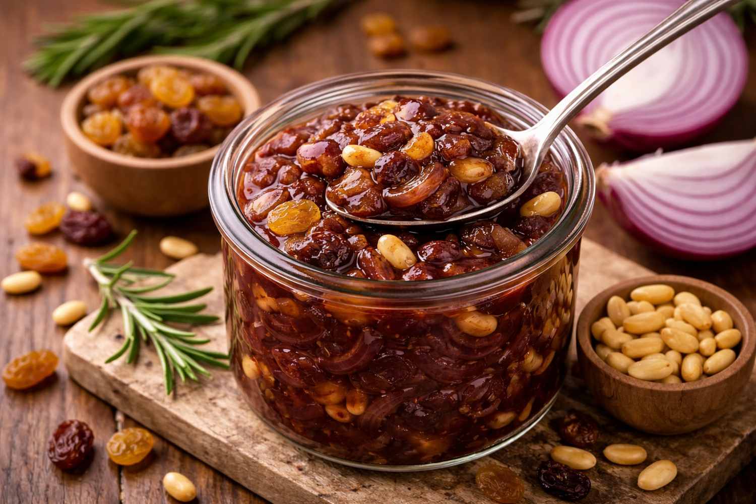 onion compote with raisins and pine nuts