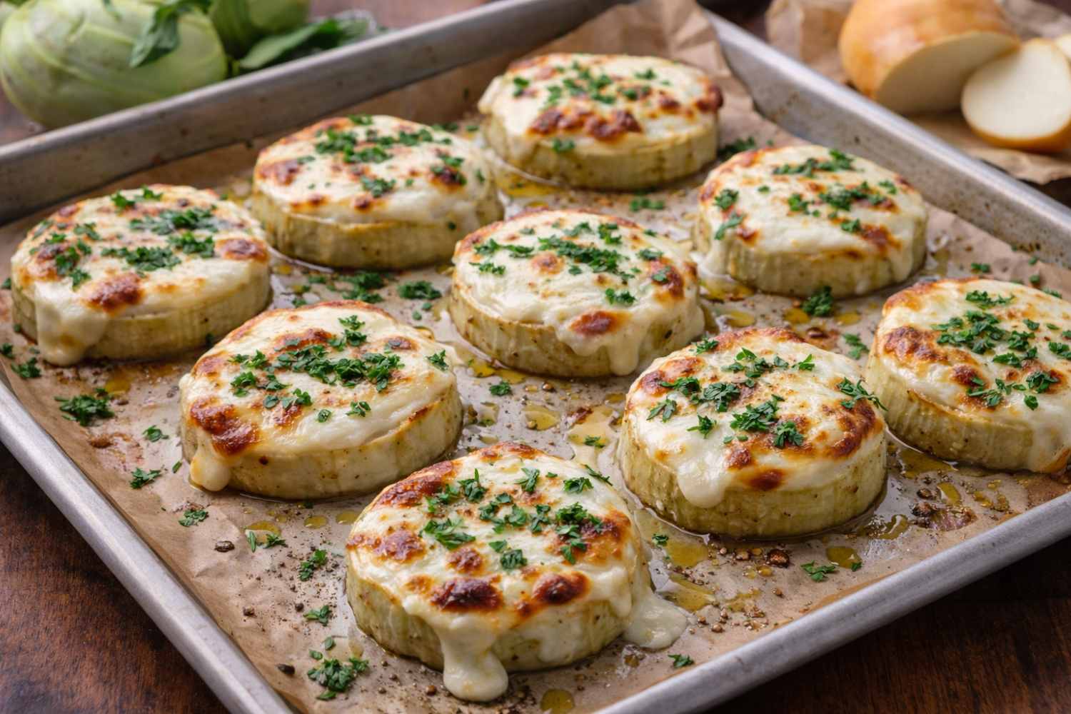 Baked kohlrabi medallions with scamorza