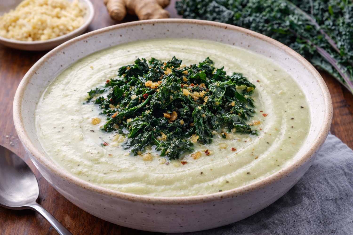 kohlrabi cream soup with black cabbage and ginger
