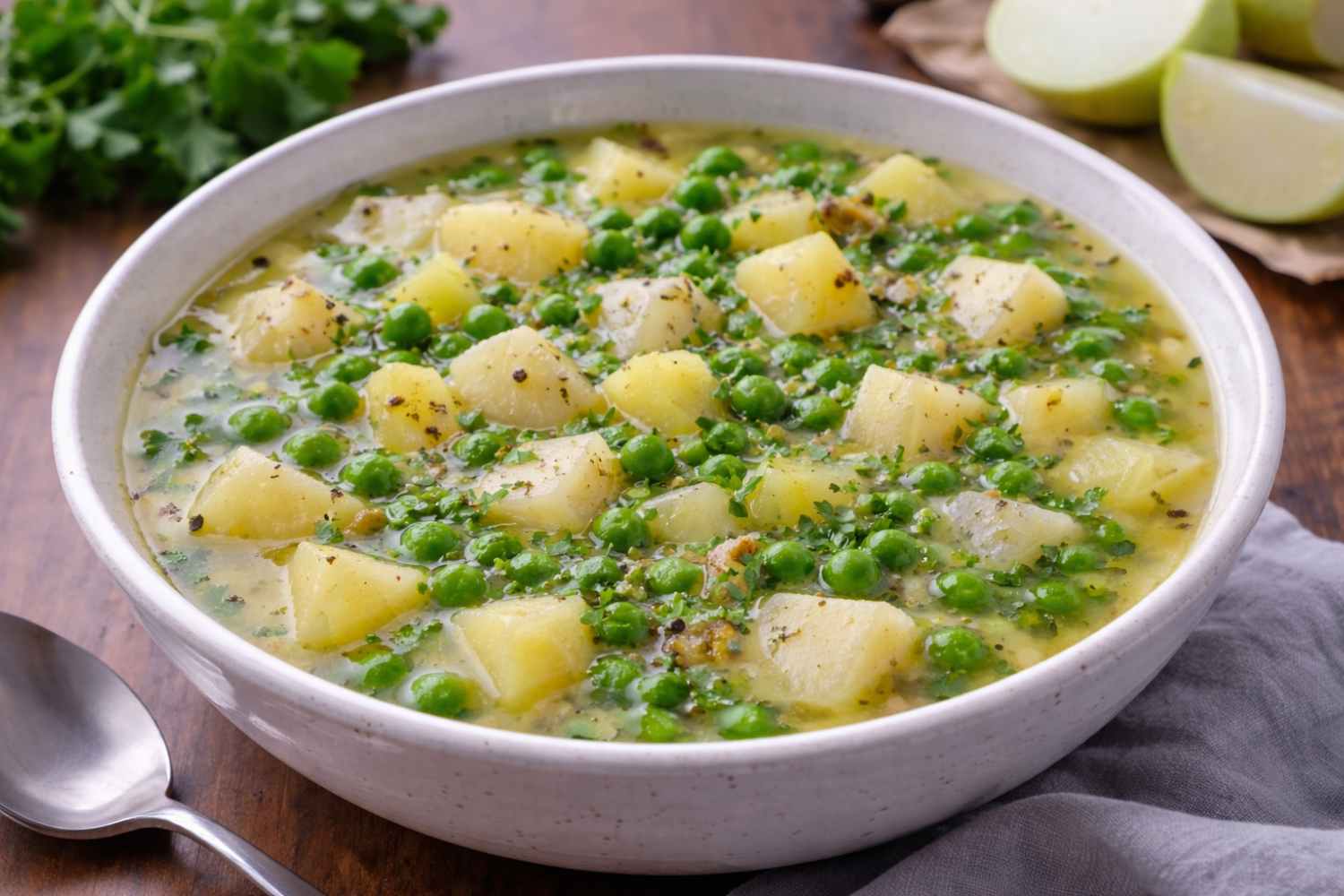 kohlrabi soup with potatoes and peas