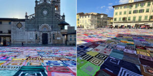 Piazzo Duomo in Prato is transformed into a mosaic of colorful crochet blankets: thousands of women united against gender violence