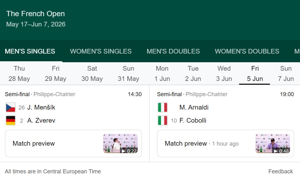 roland garros men's singles semi-finals 2026