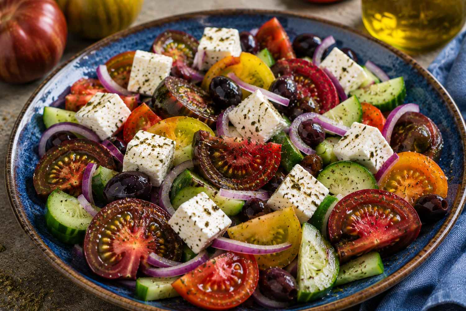 Greek salad with streaked tomatoes