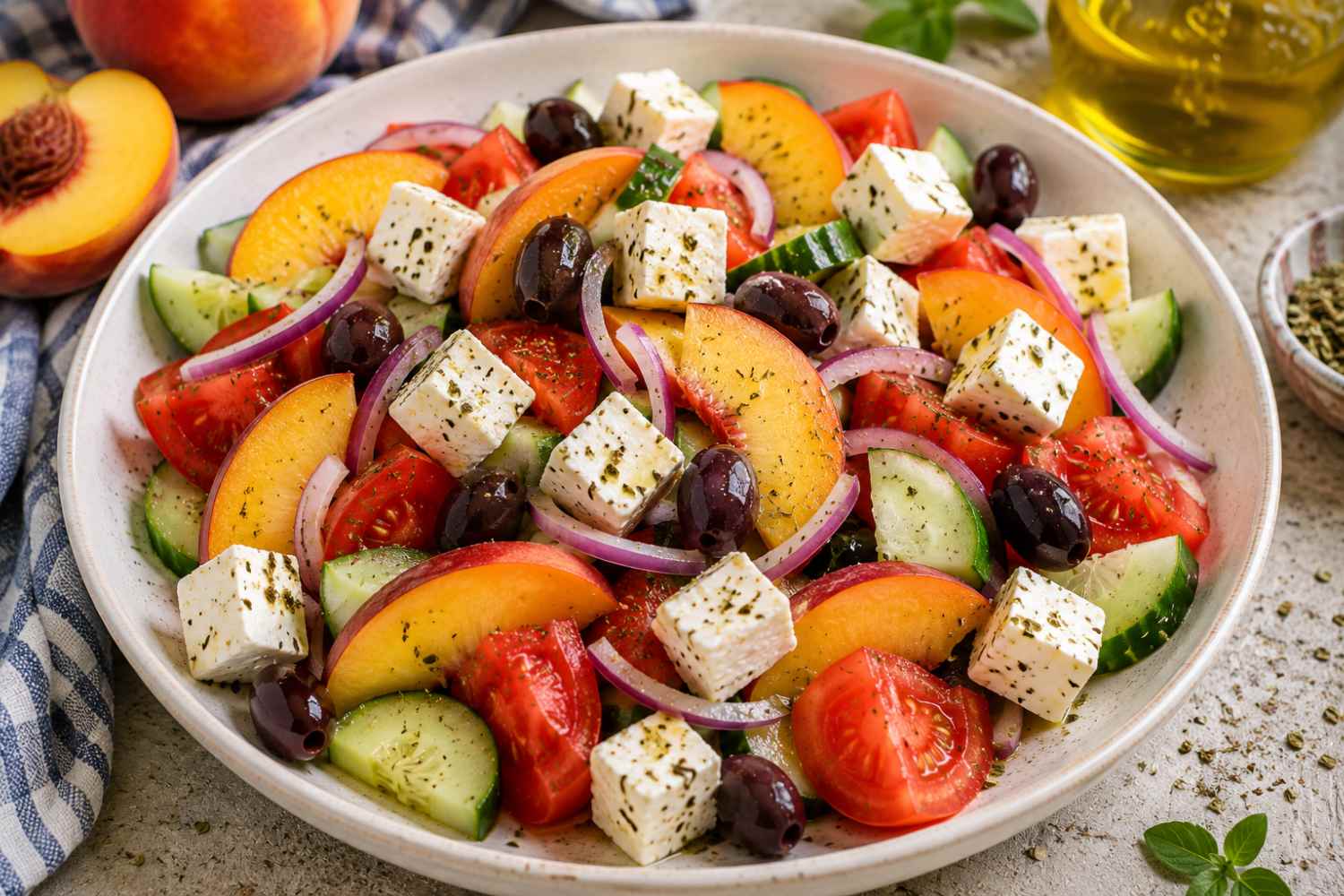 Greek salad with peaches