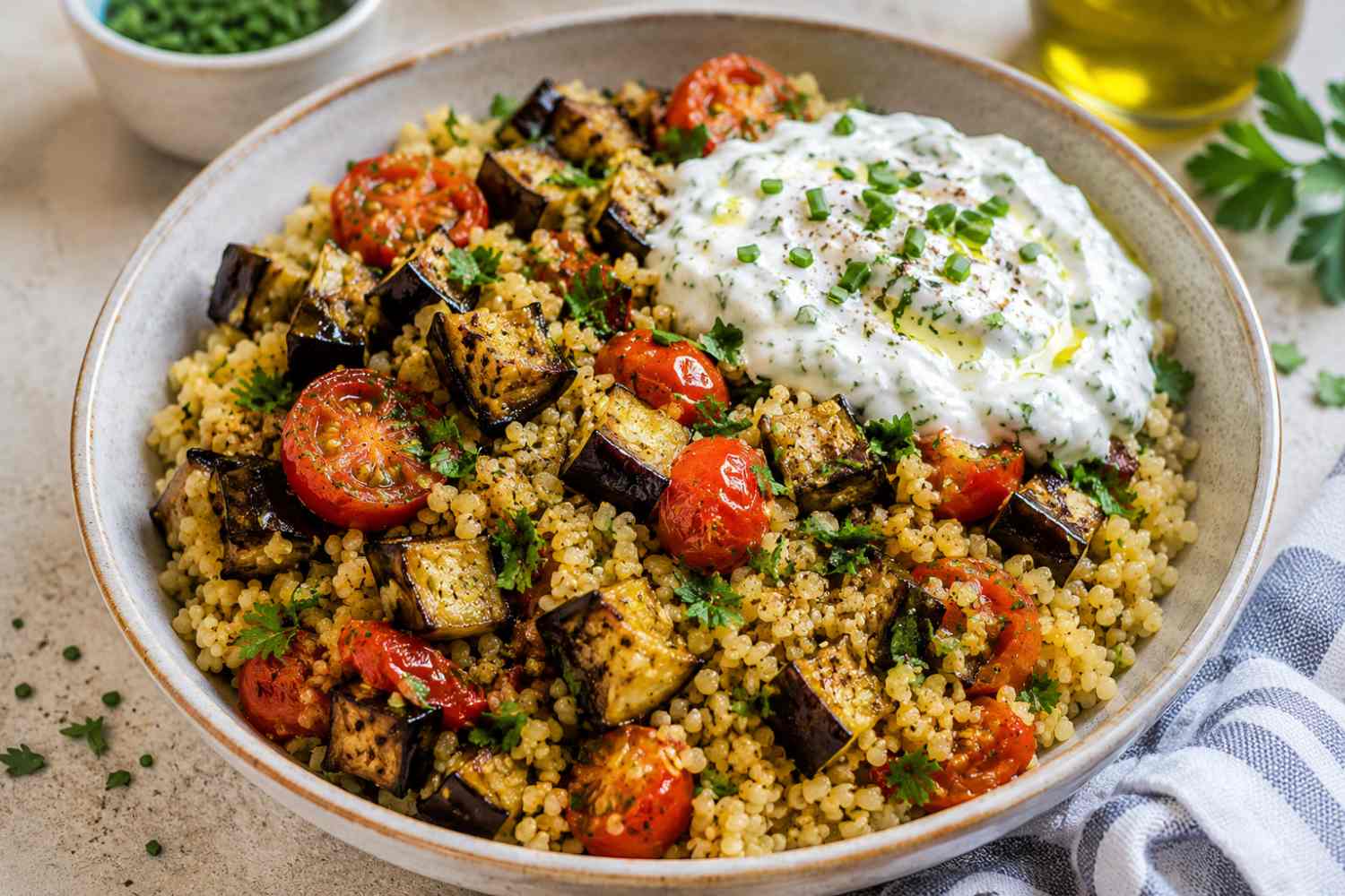 Bulgur with roasted aubergines and herbed yoghurt