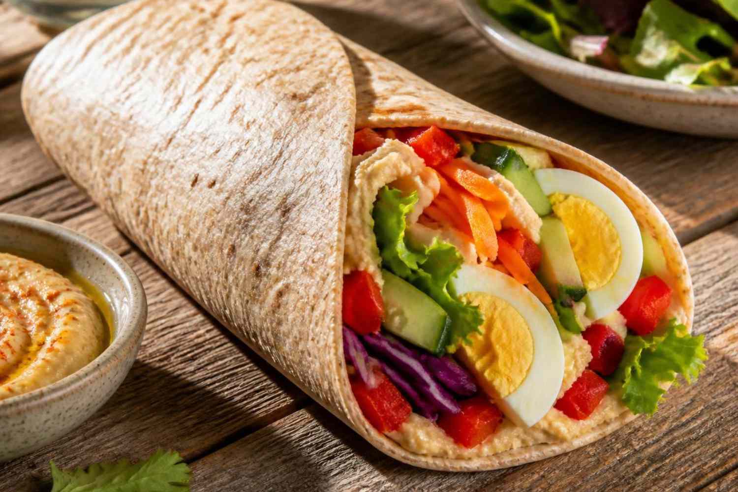 Wholemeal wrap with hummus, eggs and crunchy vegetables