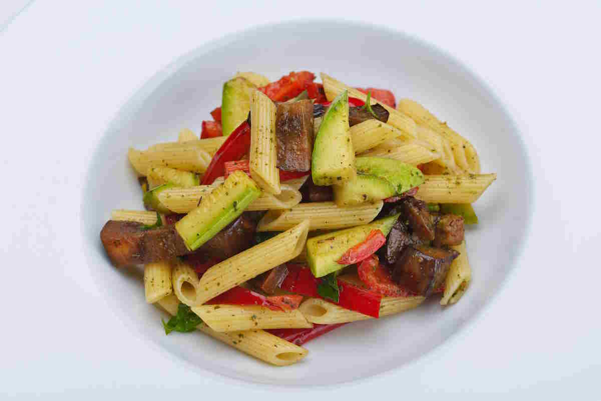 cold pasta and grilled vegetables