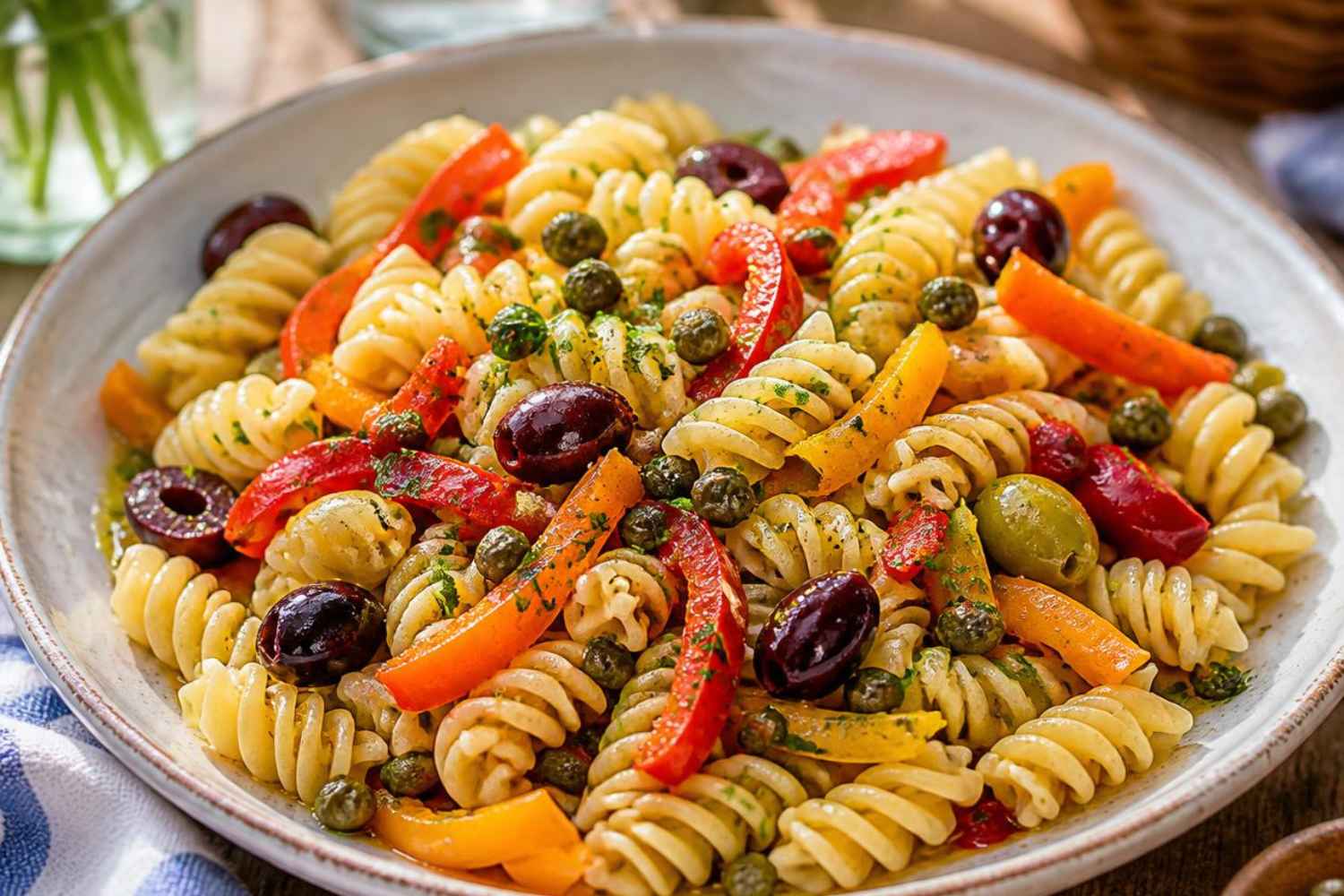 cold pasta, peppers, olives and capers