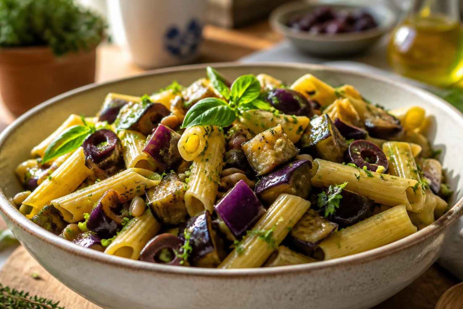 Cold aubergine and olive pasta