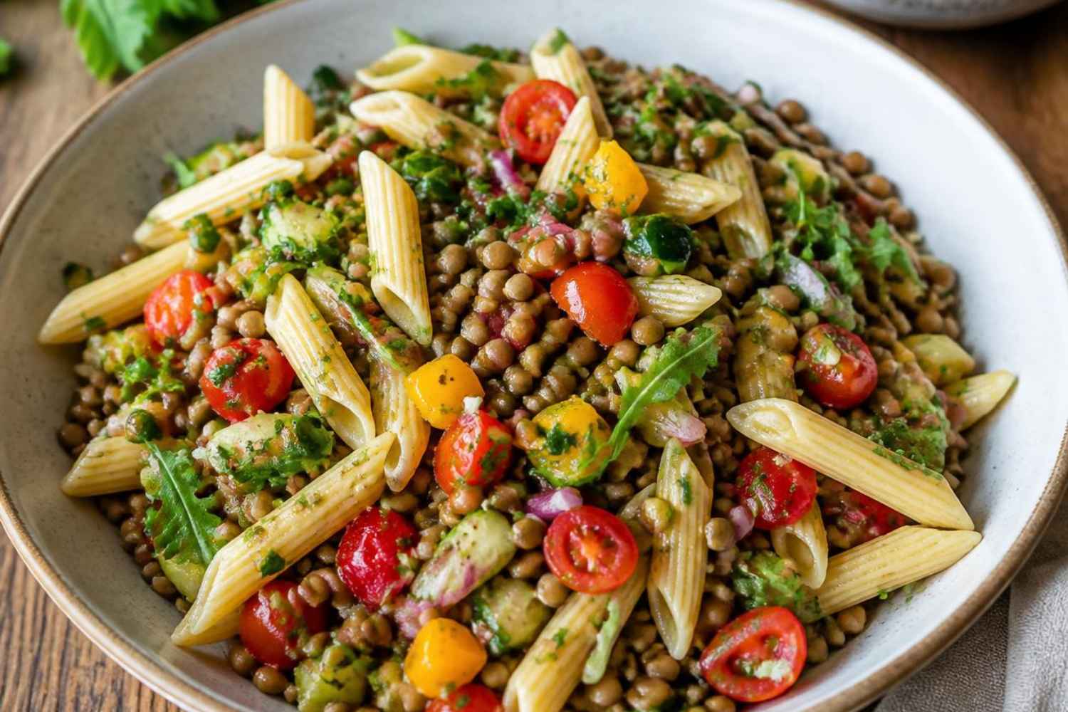 Cold pasta with lentils and vegetables