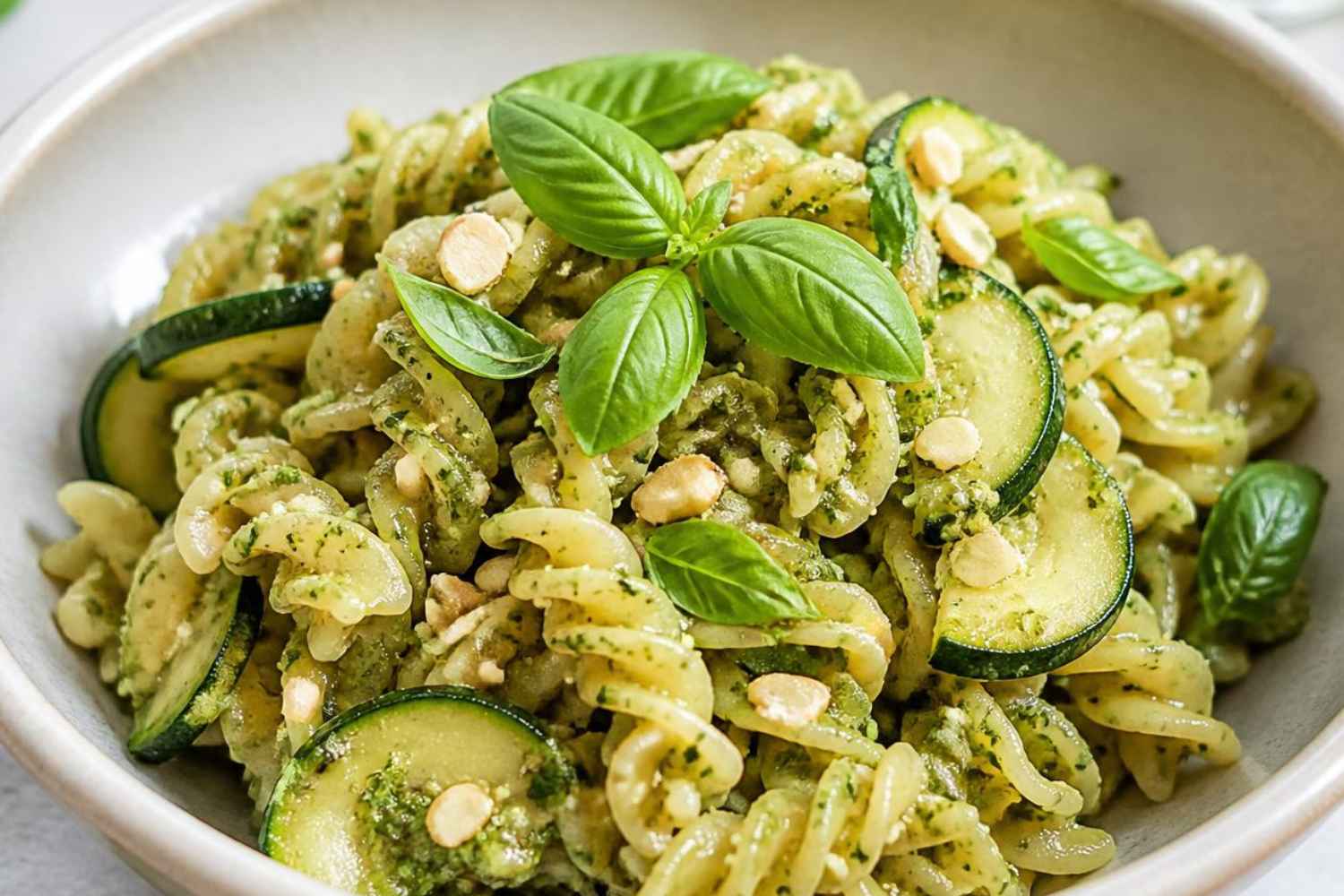 Cold pasta with courgette and almond pesto