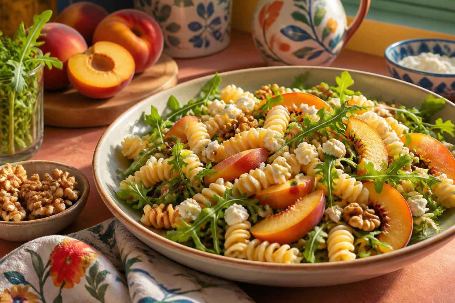 walnut pasta, peaches and rocket