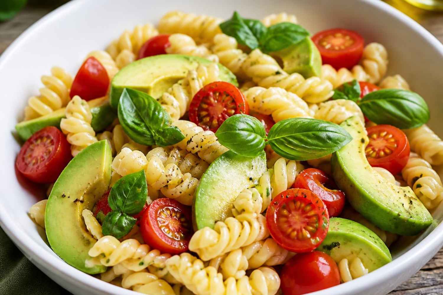 Cold pasta with cherry tomatoes, avocado and basil