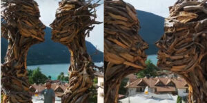From the wounds of the Vaia storm “The Kiss” was born: in Molveno the new fascinating sculpture by Marco Martalar celebrates love
