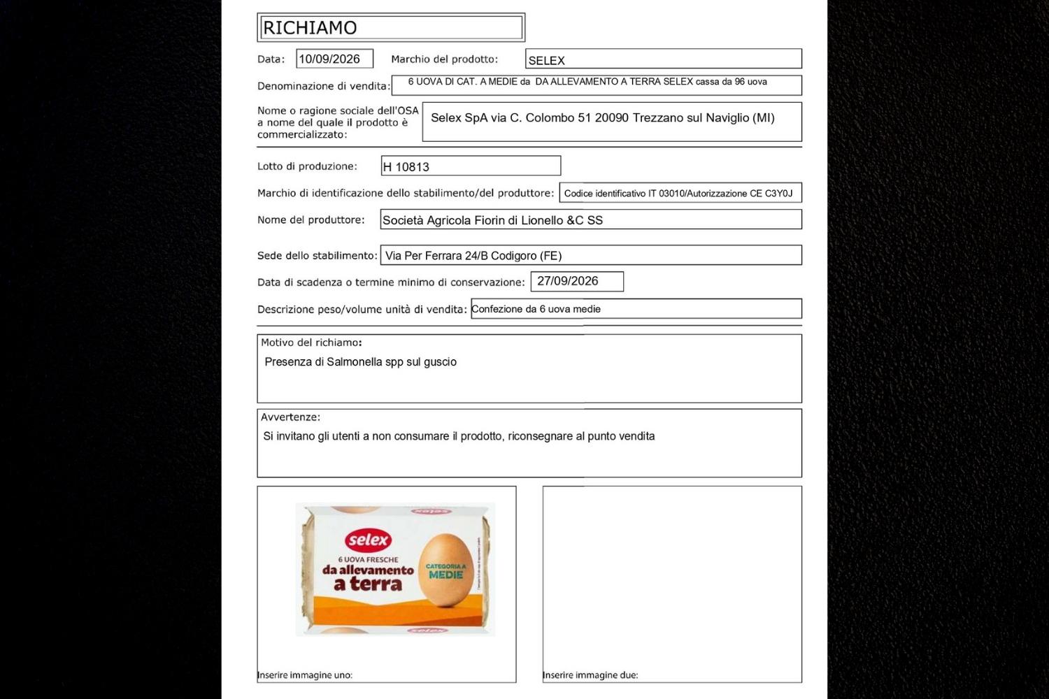 recall of Selex eggs of 6
