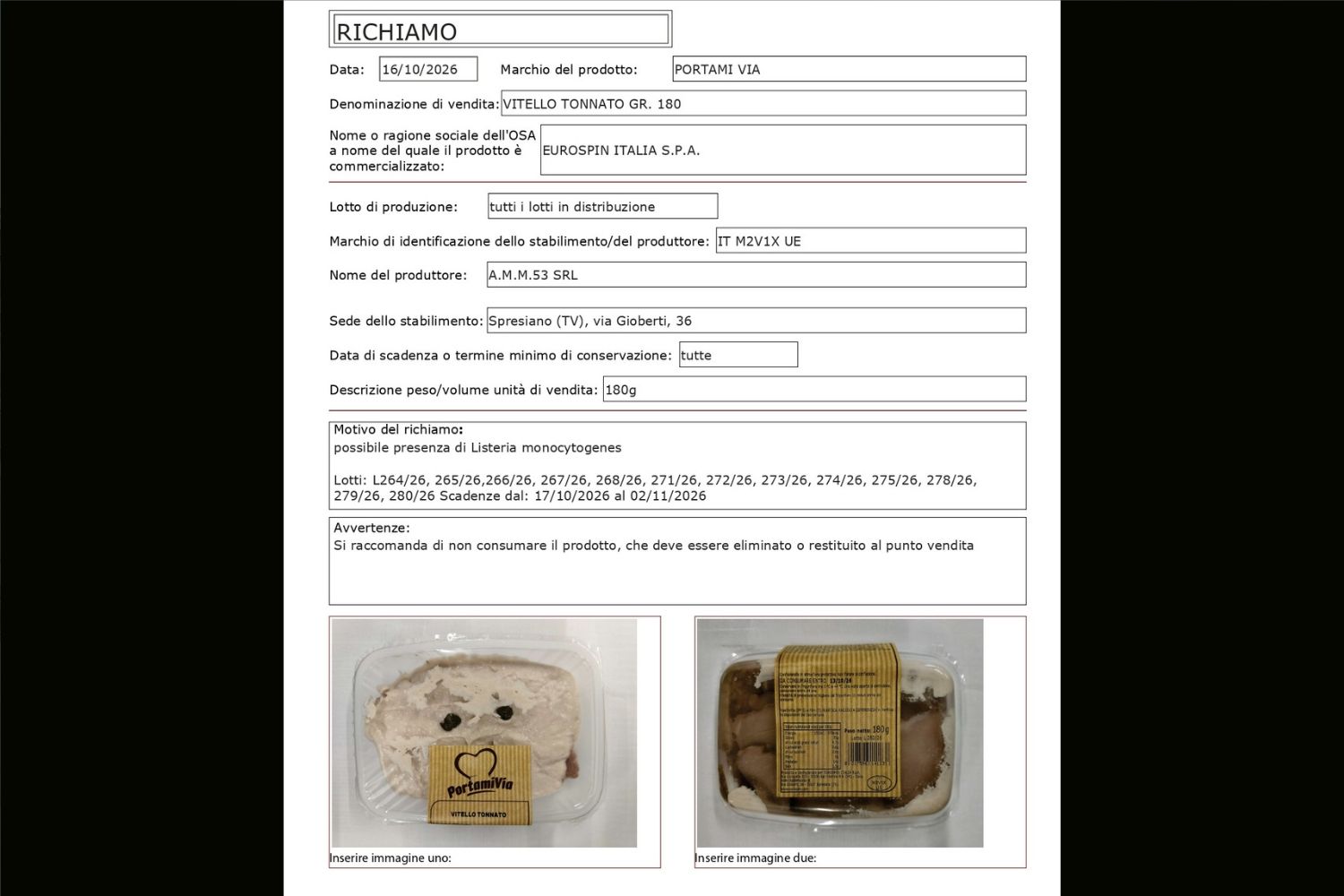 veal with tuna sauce 180g recall