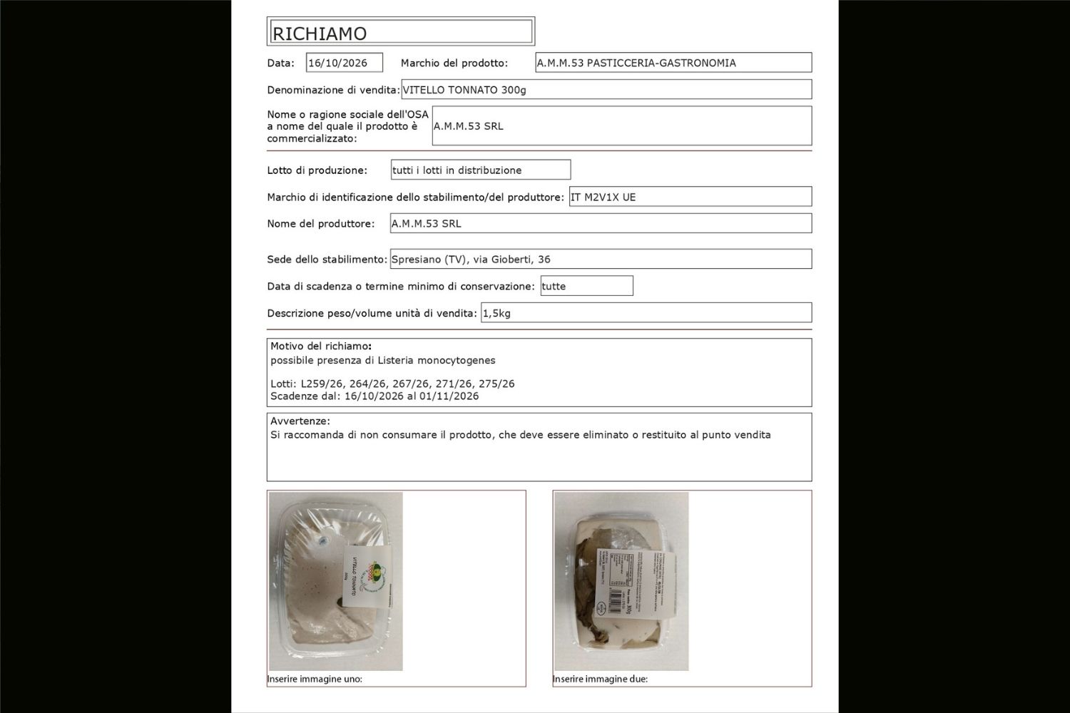 veal with tuna sauce 300 gr recall