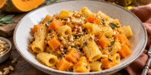 Do you have pumpkin in the fridge? Try this pasta with toasted pine nuts, simple and irresistible